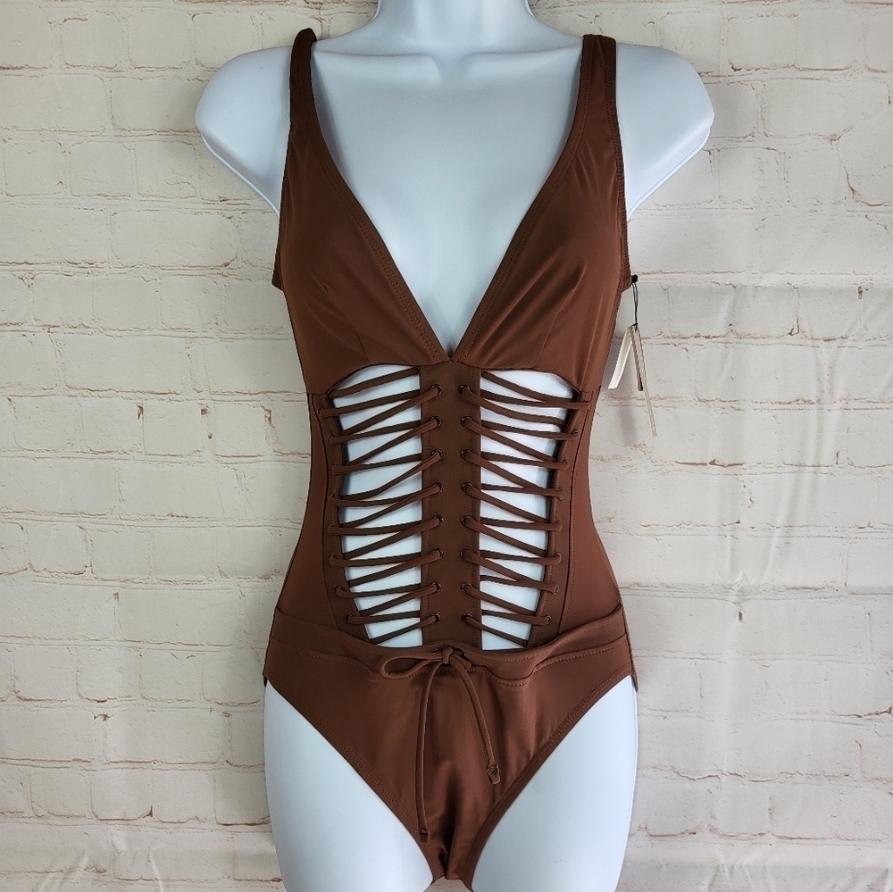 Brown Lace-Up One-Piece Swimsuit
